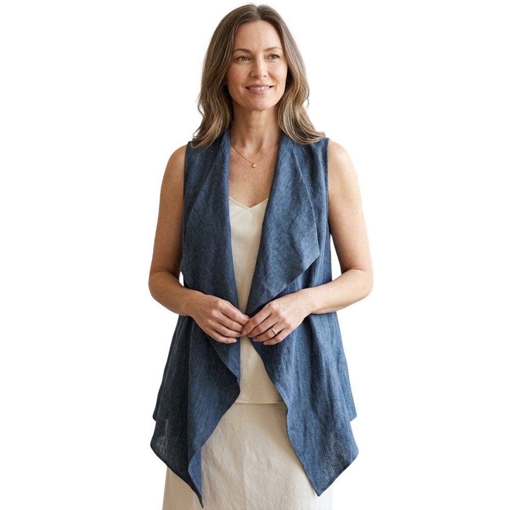 Cielo Blu Womens Blue 100% Linen Waterfall Draped Open‎ Front Vest LG2058 XS